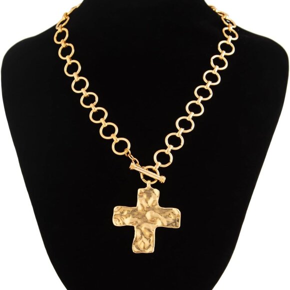 Trendy Gold Plated Chunky Cross Necklace - Hammered Vintage Jewelry for Women - Picture 6 of 7